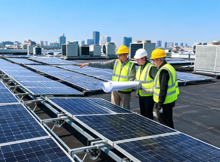 Commercial solar PV project team reviewing module layout